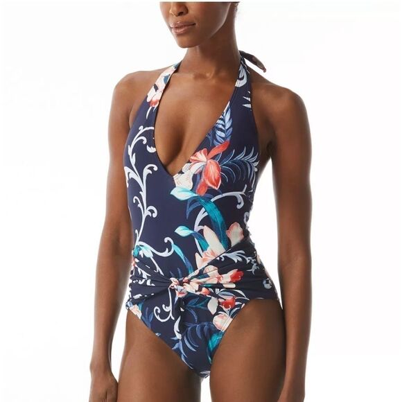 CARMEN MARC VALVO Women's Floral-Print V-Neck Halter One-Piece Swimsuit swim 14 - Picture 1 of 11